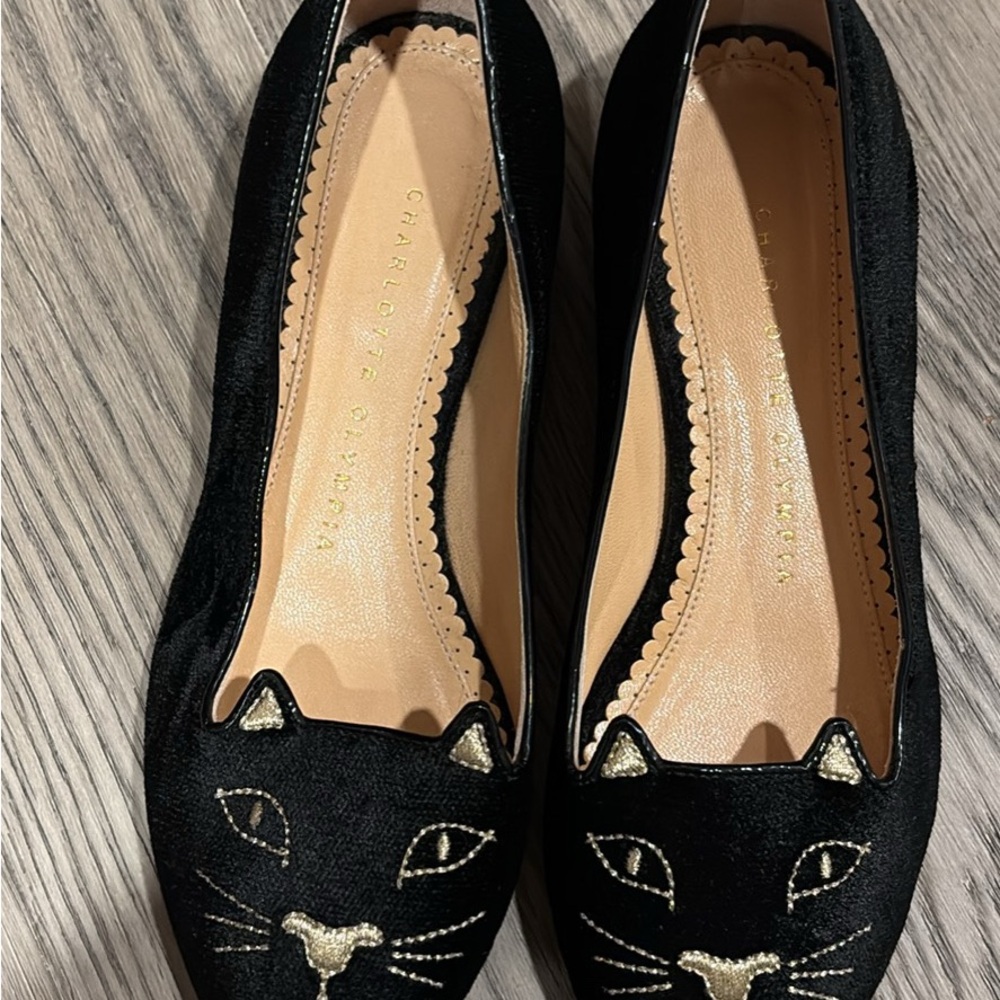 Charlotte Olympia Black and Gold Cat Loafers